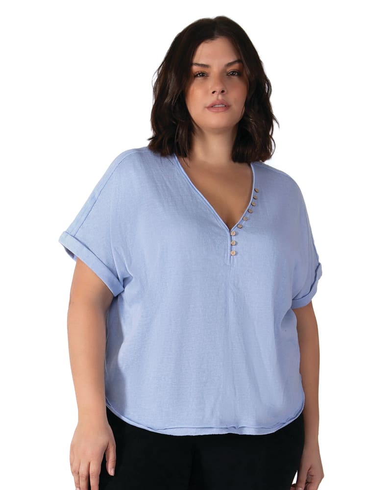 Plus size model wearing Halle V-Neck Henley Tee by DEX PLUS | Dia&Co | dia_product_style_image_id:202990